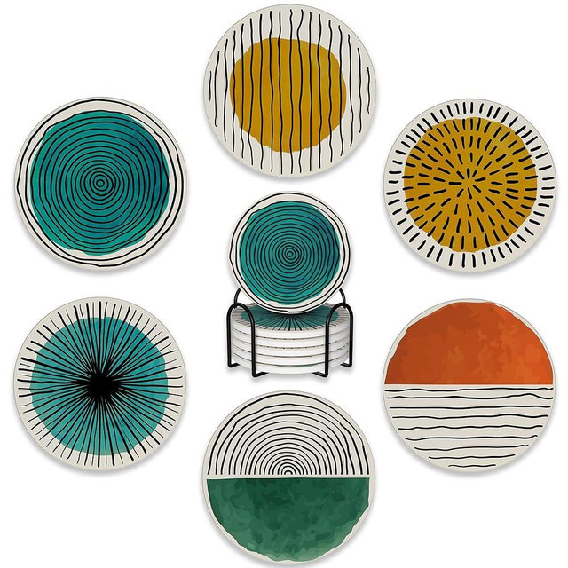 6 Pcs Coasters for Drinks with Holder,Abstract Art Minimalist Absorbent Coaster with Cork Backing,Great Gift for Housewarming,Room Decor,Bar,Holiday Party