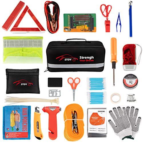 STDY 57-in-1 Car Emergency Roadside Kit, Winter Auto Vehicle Safety Emergency Road Side Assistance Kits with Jumper Cables, Tow Rope, Warning Triangle, Tire Pressure Gauge, etc