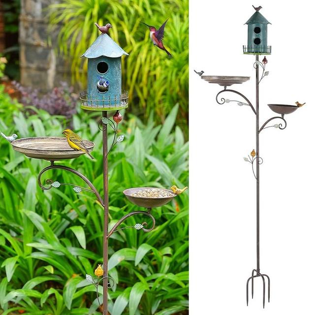 Metal Bird Bath and Bird Houses for Outside, Birdbaths for Outdoors and Bird Feeders with 4-Prong Stake, 3 in 1 Free Standing Bird Feeder with Blue Bird House on Pole for Garden Patio Yard Lawn