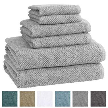100% Cotton Bath Towels, Luxury 6 Piece Set - 2 Bath Towels, 2 Hand Towels and 2 Washcloths. Quick-Dry, Absorbent Textured Popcorn Weave Towels. Acacia Collection (6 Piece Set, Light Grey)