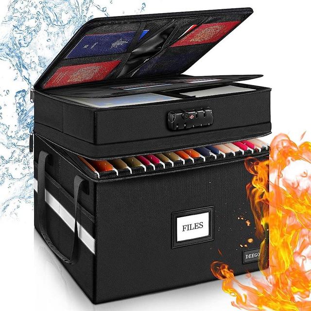 Fireproof Document Box with Lock, 2 Layer File Box Water-resistant File Organizer with Reflective Strip Portable File Cabinet Collapsible Storage Filling Boxes for Home Office for Letter/Legal Folder