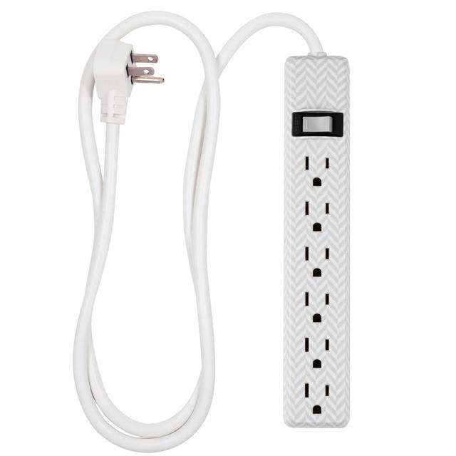 GE General Purpose 6-Outlet Power Strip with 4ft Extension Cord, Striped Design, White, Gray