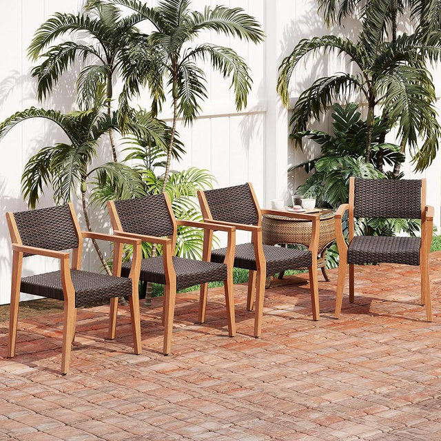 PHI VILLA Outdoor Acacia Wood Chairs Set of 4, Heavy-Duty Dining Armchairs with Wicker Back & Seat, Farmhouse Style Teak Seating Furniture for Patio, Deck, Yard, Balcony, Garden