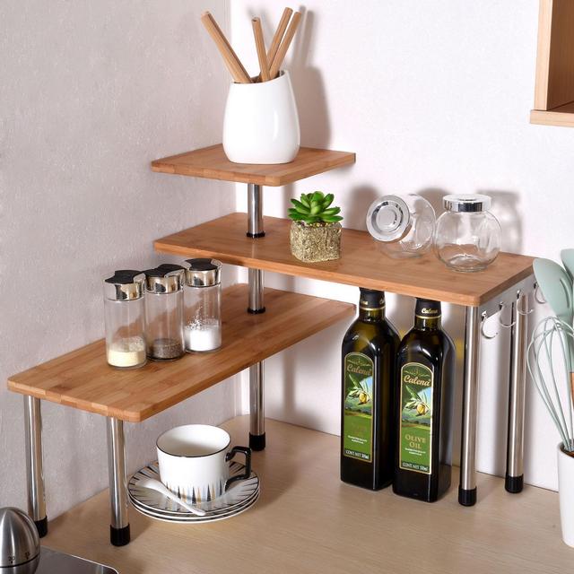 3 Tier Kitchen Desktop Corner Shelving Unit Bamboo and Stainless Steel Kitchen Storage with 4 Hooks Saving Space for Office Organize