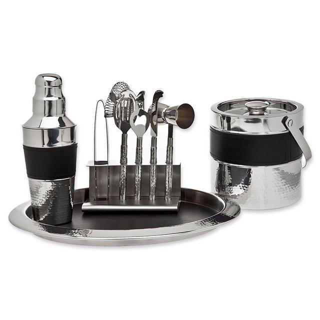 Godinger 9-Piece Black Leather Hammered Barware Set