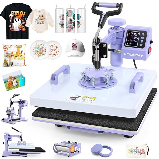 Whubefy 5 in 1 Heat Press Machine 15x15 Slide Out with 30OZ Tumbler Press, 1400W 360° Swing Shirt Pressing Machine, Heat Transfer Sublimation Heat Press Machine for T Shirts Hat Cap Cup Mug Plate