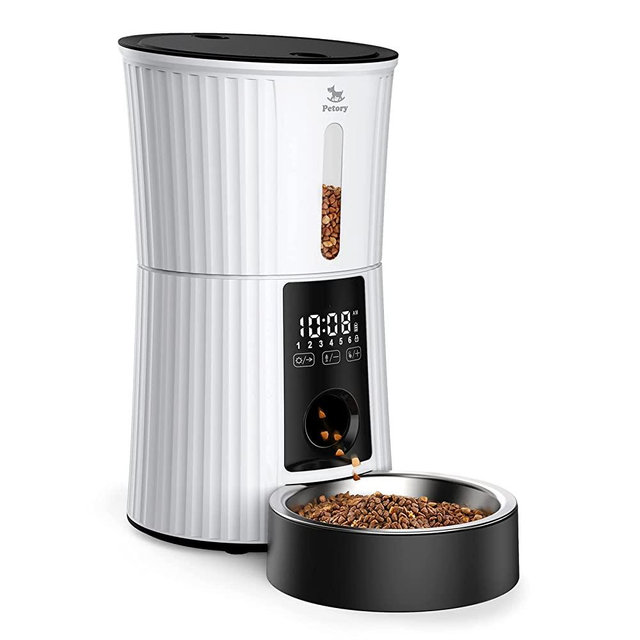 Petory Timed Automatic Cat Feeders - 4L Rechargeable Cat Dry Food Dispenser with Built-in Li-ion Battery 1-6 Meals Per Day with Desiccant Bag Support Dual Power 10S Recorder