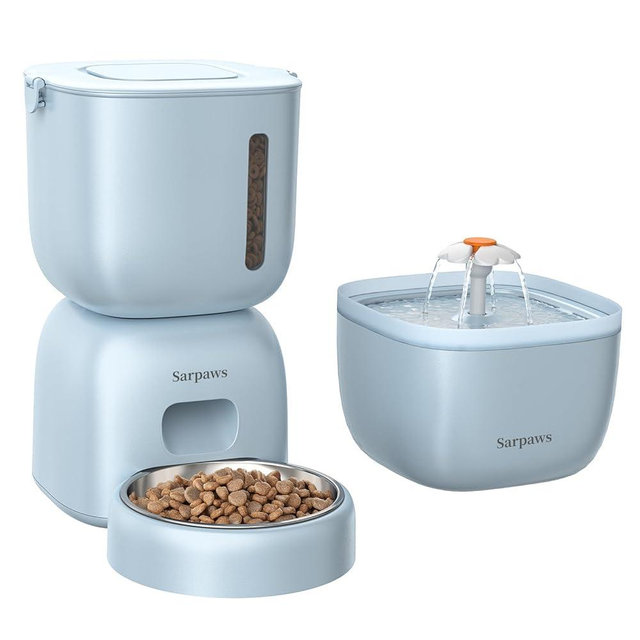 Automatic Cat Feeder and Water Dispenser FW1, Wire or Battery Cat Food Dispenser Timer Pet Feeder - Locking Lid, Desiccant Bag, Programmable Portion Control, 4 Daily Meals, 10s Voice Recorder-Blue