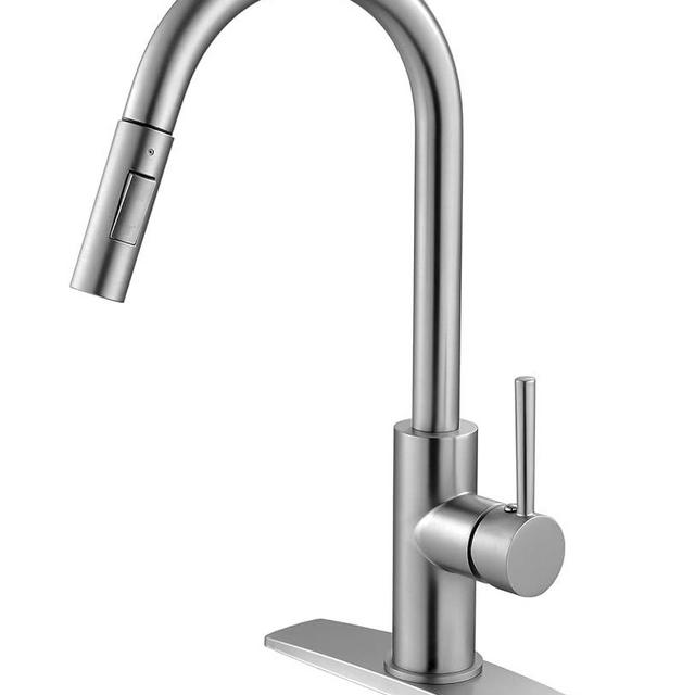FORIOUS Brushed Nickel Kitchen Faucet with Pull Down Sprayer, Stainless Steel High Arc Gooseneck Modern Sink Faucet with CUPC Ceramic Cartridge, Single Handle and Deck Plate