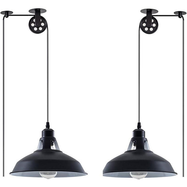 Plug in Pendant Light Industrial Pulley Pendant Lamp E26 Vintage Hanging Light Fixture With 16.4ft Cord On/Off Switch For Pool Table,Houseplant Grow lights,Kitchen Island,Sink 2 Pack Black