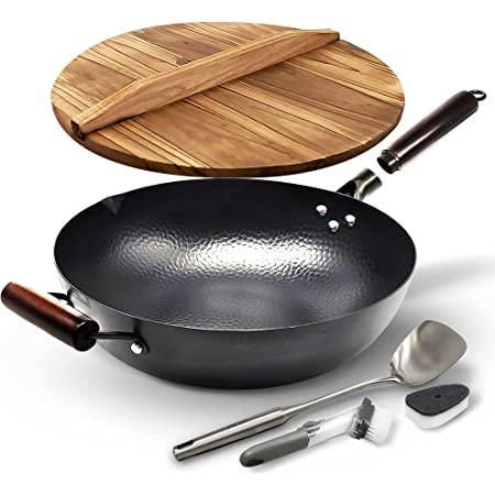 Homeries Carbon Steel Wok Pan, Stir Fry Wok Set with Wooden Lid and Spatulas - Non-Stick Flat Bottom Wok Frying Pan Suitable for Electric, Induction, and Gas Stoves - 12.5"