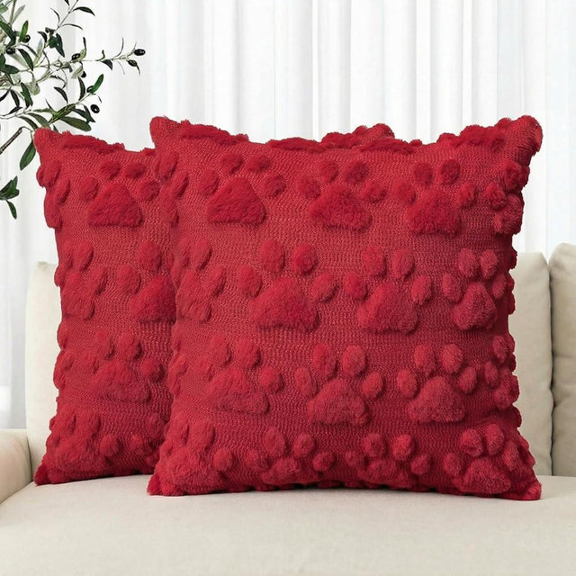 AVOIN colorlife Valentine Pet Dog Paws Throw Pillow Covers, 18 x 18 Inch Red Soft Plush Faux Fur Jacquard Cushion Case Farmhouse Decoration for Sofa Couch Set of 2