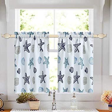 oremila Tier Curtains for Kitchen Windows Starfish café Curtains, 1 Pair 27" x 36" Multi-Color Seashell Conch Printed Half Window Curtain Set for Bathroom Rod Pocket, Blue