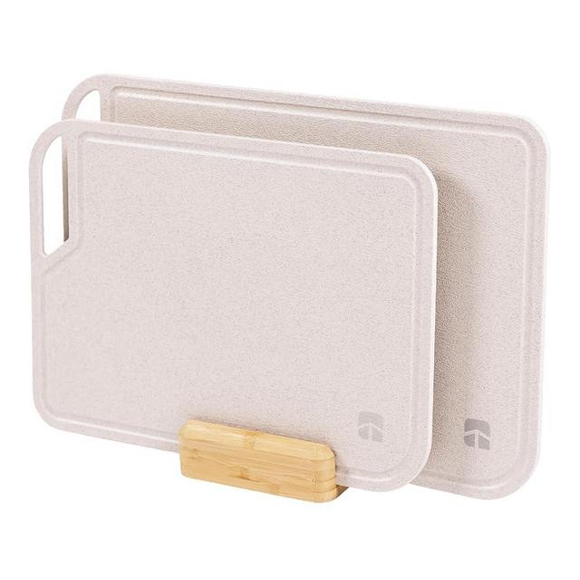 KitchenEdge Rice Fiber Cutting Board Set with Bamboo Stand for Cooking Prep, 2 Piece Kitchen Set, with Juice Grooves and Handles, (13.5x9.5, 15.5x11 in)