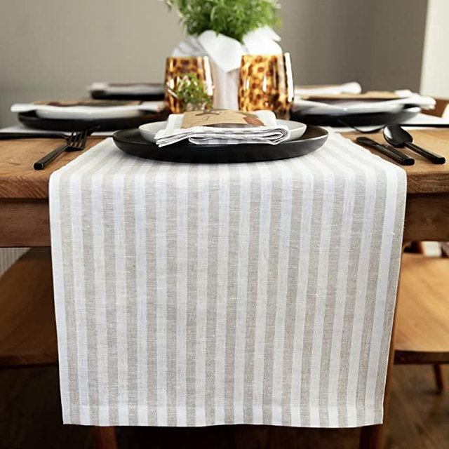 Solino Home Linen Table Runner 14 x 72 Inch – 100% Pure Linen Amalfi Stripe Table Runner for Fall, Thanksgiving, Christmas, Holiday – Natural and White, Handcrafted from European Flax