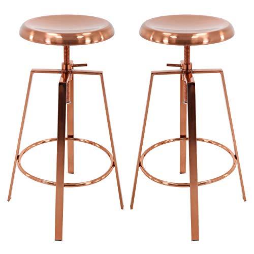 Brage Living 4-Legged Rose Gold Backless Metal Round Seat Adjustable Height Bar Stools with Footrest (Set of 2) (Rose Gold)