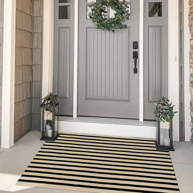 Tiveney Outdoor Rug 3' x 5', Black and Khaki Washable Outdoor Porch Rugs Cotton Woven Front Door Mat, Striped Layered Doormats Farmhouse Decorations for Patio Entryway
