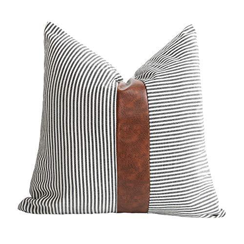 Merrycolor Farmhouse Decorative Throw Pillow Covers for Couch Sofa Stripe Faux Leather Accent Pillow Cover Modern Decor Pillow Case 18 x 18 Inch(Black)