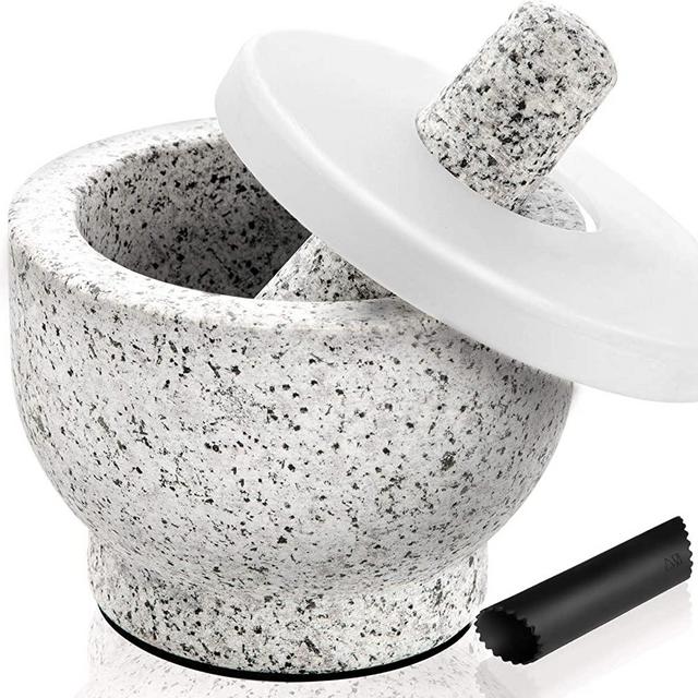 Tera Mortar and Pestle Set with Silicone Lid Granite Polished 2 Cup Capacity Heavy Duty Include Garlic Peeler Spice Grinder 5.5 Inch