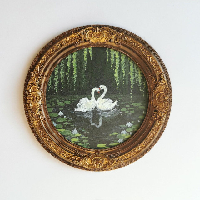 Swan couple painting round wall art romantic bird artwork handmade framed love decor