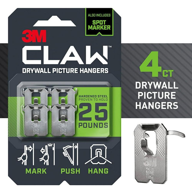 3M Claw 25 lb. Drywall Picture Hanger with Spot Markers, Heavyweight Hanging Solution for Room Decor and Office Decor, Including Mirrors or Large Art – 4 Pack