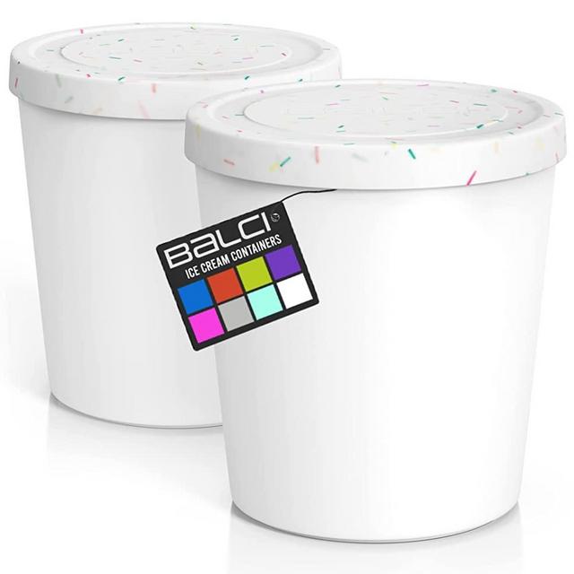 BALCI - Premium Ice Cream Container (2 Pack) Perfect Freezer Storage Tubs with Lids for Ice Cream, Sorbet and Gelato! 1 Quart Each - White with Colored Sprinkles