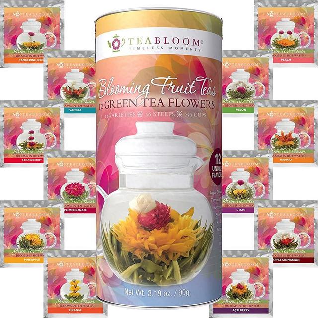 Blooming Tea – Teabloom Fruit Flowering Teas – 12 Unique Flower Varieties of Blooming Tea in 12 Delicious Fruit Flavors – Each Flowering Tea Ball Steeps Up to 3 Times – Handpicked Ingredients