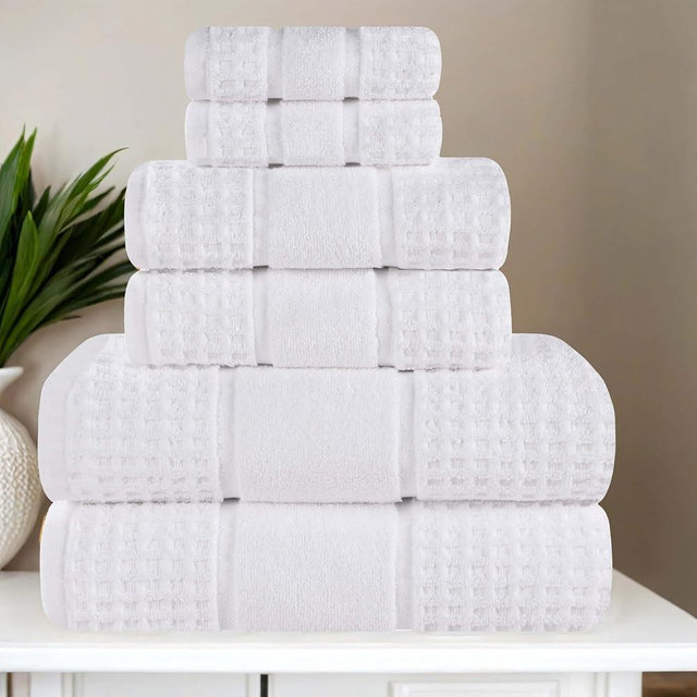Superior Cotton 6-Piece Towel Set, Zero Twist, Waffle Border, Bathroom Essentials, Shower, Spa, Luxury Plush Soft Absorbent Towels, Includes 2 Bath, 2 Hand, 2 Washcloth/Face Towels, White