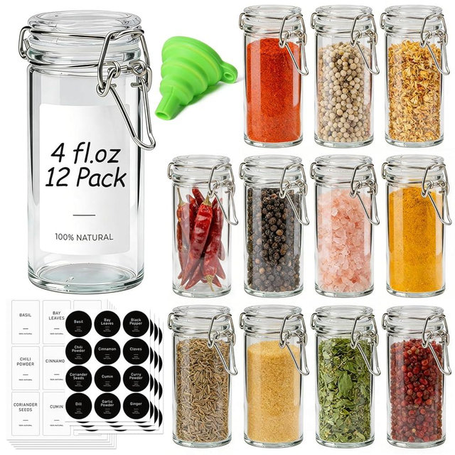 ComSaf 12 Pack 4 oz Glass Spice Jars with Airtight Swing Top Lids, Small Clear Containers for Pantry Organization, Herb Storage, DIY Crafts & Gifts - Complete Set Includes Funnel & Spice Labels