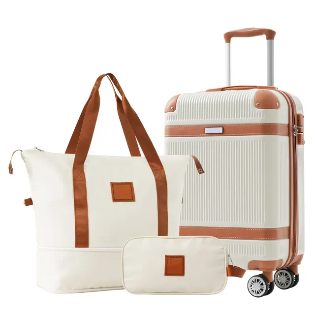 3 PCS ABS Lightweight Hard Shell Carry on Luggage with Travel Bag, Spinner Wheels and TSA Lock, White - ModernLuxe