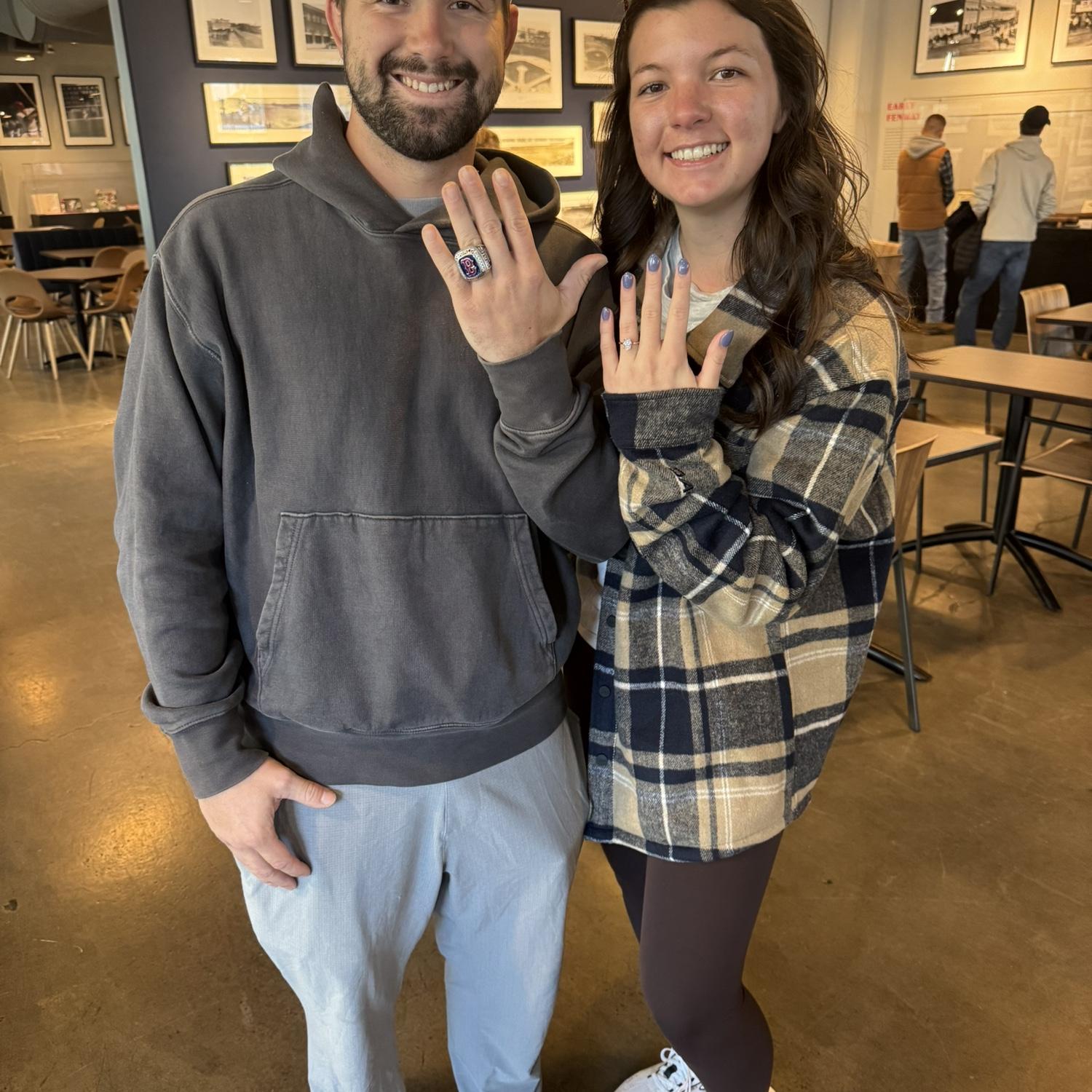 Toured Fenway Stadium on our last day in Boston — showing off my new rock and the Boston Redsox world series ring (November 2025)