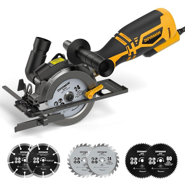 DOVAMAN Circular Saw, 5.8A 4-1/2" Circular Saw w/Laser, Metal Auxiliary Handle, 6 Blades (4½", 4¾"), Cutting Depth 1-11/16" (90°), 1-3/8" (45°), Ideal for Wood, Soft Metal, Plastic, Tile - MCS01A