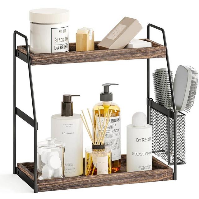 Fixwal Countertop Organizer for Bathroom, 2-Tier Wood Bathroom Counter Organizers with Basket Sink Shelf Cosmetic Storage Standing Vanity Tray Makeup Kitchen Spice Rack, Dark Brown