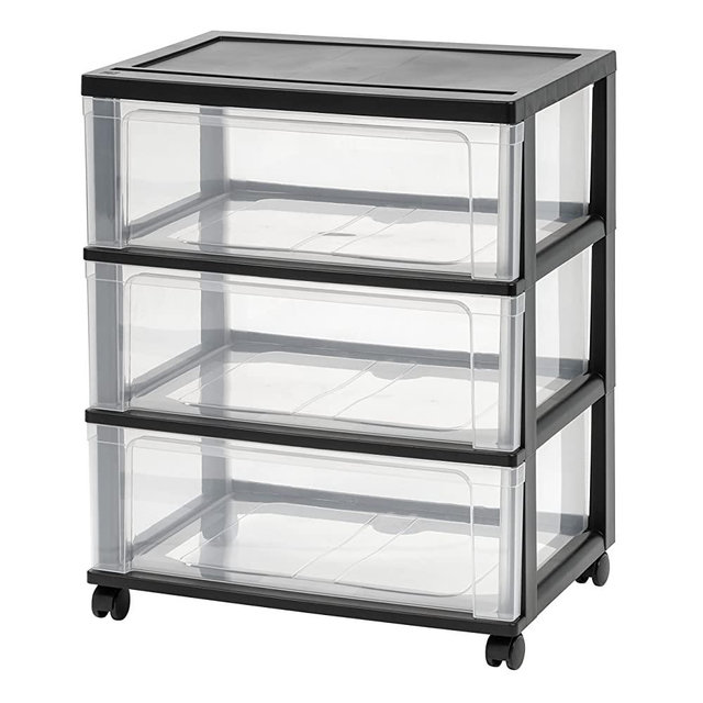 IRIS USA Plastic 3 Drawer Wide Storage Drawer Cart with 4 Caster Wheels for Home, Closet, Bedroom, Bathroom, Office, Laundry, Kitchen, Craft Room, Nursery and School Dorm, Black, Set of 1