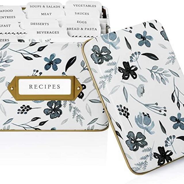 Jot & Mark Recipe Box with Cards Gift Set | Decorative Tin Box, 50 Recipe Cards 4x6 inch, 24 Index Dividers - Indigo Floral