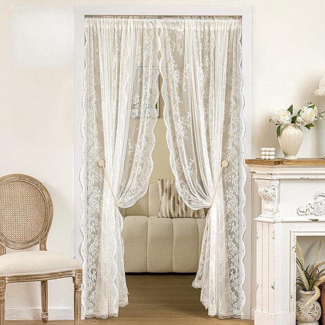 UNISTAR Lace Sheer Door Curtains with Rod, Luxury Vintage Floral Lace Curtains for Livng Room Room Divider Closet Rod Pocket 55 W x 80 L Inch (2 Panels+Rod)