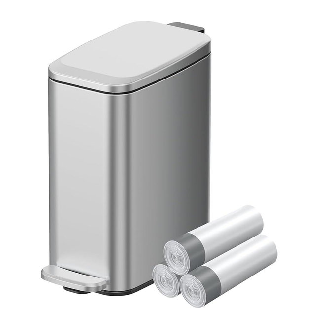 KUK Slim Bathroom Trash Can with Lid, 1.6 Gal / 6L Stainless Steel Small Garbage Bin with Detachable Inner Bucket, Step Pedal, Silent Close, Wastebasket for Toilet, Bedroom, Home, Office (Silver)