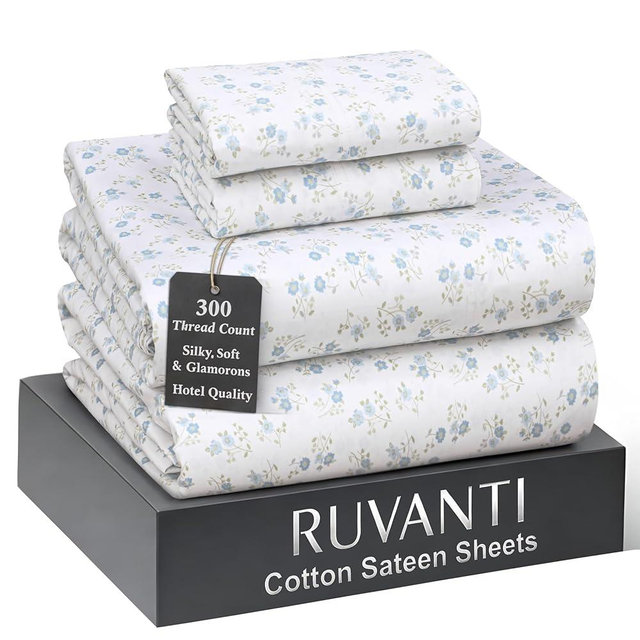 RUVANTI 100% Cotton Sheets Queen Size Bed Set - 300 Thread Count Silky Soft Sateen Weave, Cooling, Lightweight & Breathable, 16" Deep Pocket, Durable & Luxury Satin-Like, 4 Piece, Blooming Stamp