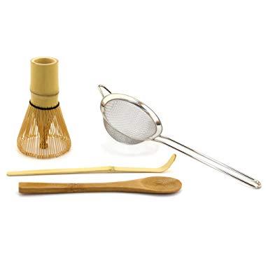 BambooMN Japanese Tea Set, Matcha Whisk (Chasen), Tea Strainer, Traditional Scoop (Chashaku), Teaspoon, The Perfect Set to Prepare a Traditional Cup of Matcha - 1 Set