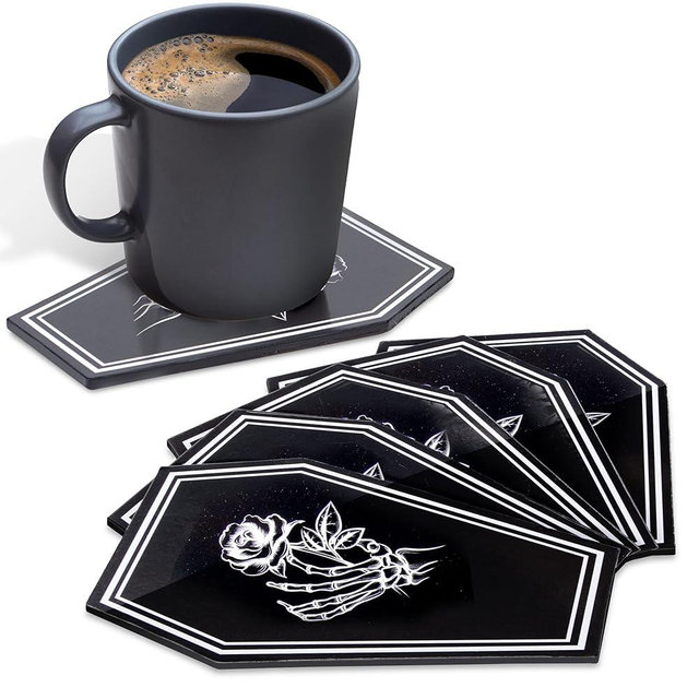 GOTHELIA Spooky Coffin Gothic Coasters for Drinks - Set of 5 Halloween Coasters - Skull Coasters Prevent Water Rings, Coffin Shaped Coasters Perfect Gothic Decor for Home Bars, Gothic Accessories