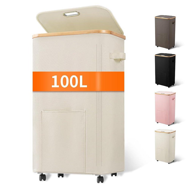 Vincona Laundry Basket with Wheels, Tall Dirty Clothes Hamper on Wheels, Rolling Laundry Hamper with lid for Dorm, Bedroom and Bathroom (Beige, 100L)