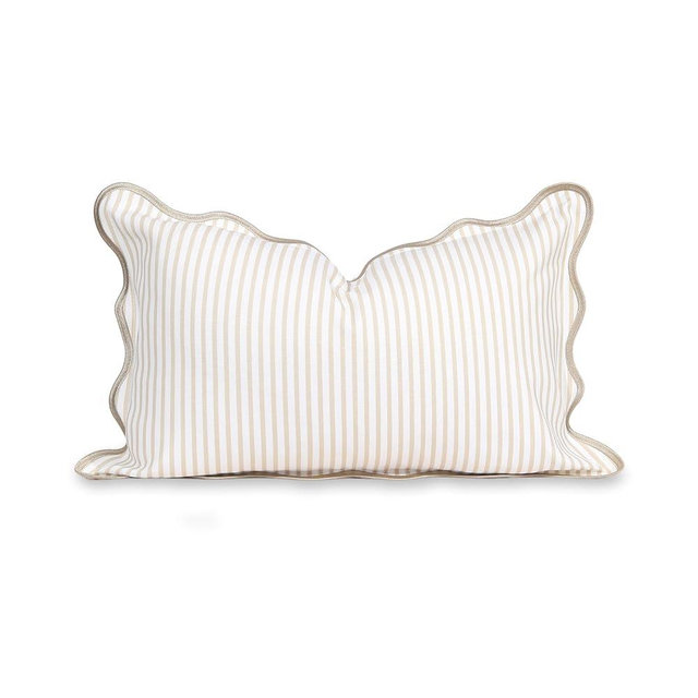 Hofdeco Premium Coastal Patio Indoor Outdoor Scalloped Lumbar Pillow Cover Only, 12"x20" Water Repellent for Backyard, Couch, Neutral Tan Print Stripes