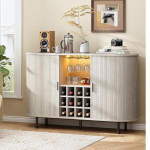 ONBRILL 55" Wine Bar Cabinet with Storage, Fluted Liquor Bar for Home, Coffee Bar Cabinet with Wine Rack and Glass Holder, Buffet Sideboard with LED Lights for Kitchen Living Dining Room Natural White