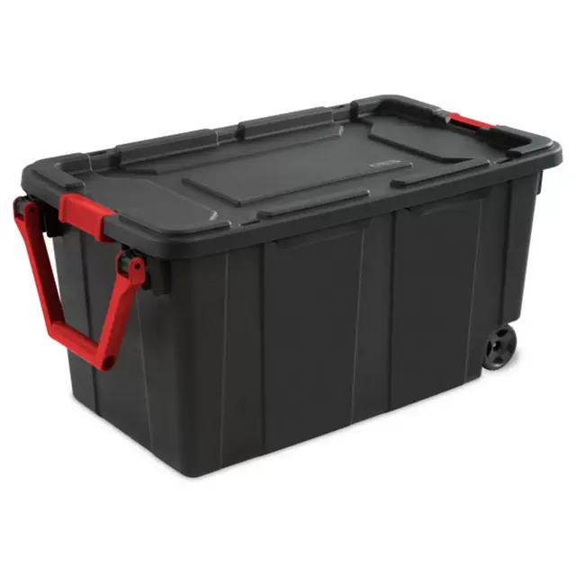 Sterilite 40 Gal Wheeled Industrial Tote, Stackable Storage Bin with Latch Lid, Plastic Container with Heavy Duty Latches, Black Base and Lid, 2-Pack