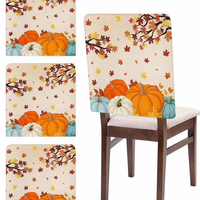 Fall Chair Covers Set of 4 Harvest Pumpkin Chair Slipcover Protector Removable Stretch Chair Covers Autumn Maple Leave Thanksgiving Chair Back Covers for Dining Chairs Kitchen Holiday Party Decor