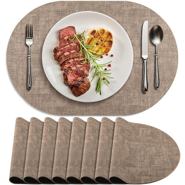 BARTHKIT Placemats Set of 8 Non Slip, Heat Resistant Oval Faux Leather Place mats Double Layer, Waterproof Table Mats Easy to Clean for Kitchen Dining Room Coffee Office Table, Apricot
