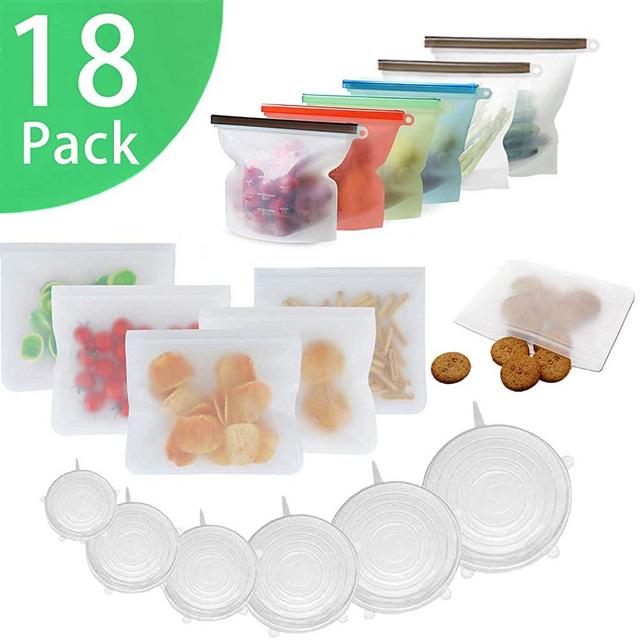 18 Pack Reusable Sandwich Ziplock Bags & Silicone Stretch Lids & Silicone Food Storage Bag, Reusable Food Bags and Food Covers, Airtight Seal Food Bags, Eco-Friendly, Freezer, Washable, Snack Lunch