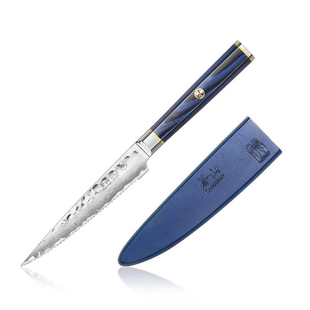 Cangshan KITA Series 5-Inch Serrated Utility Knife with Sheath, High Carbon X-7 Damascus Steel, 501448