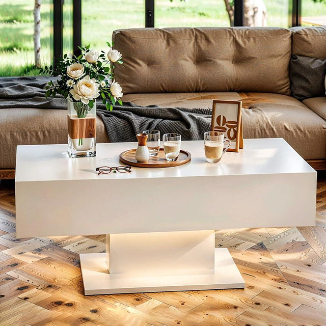 SUCXDZQ White LED Coffee Table - Modern High Gloss Cocktail Table with RGB Lights, Scratch-Resistant & Waterproof, Perfect for Living Room, Bedroom, or Office