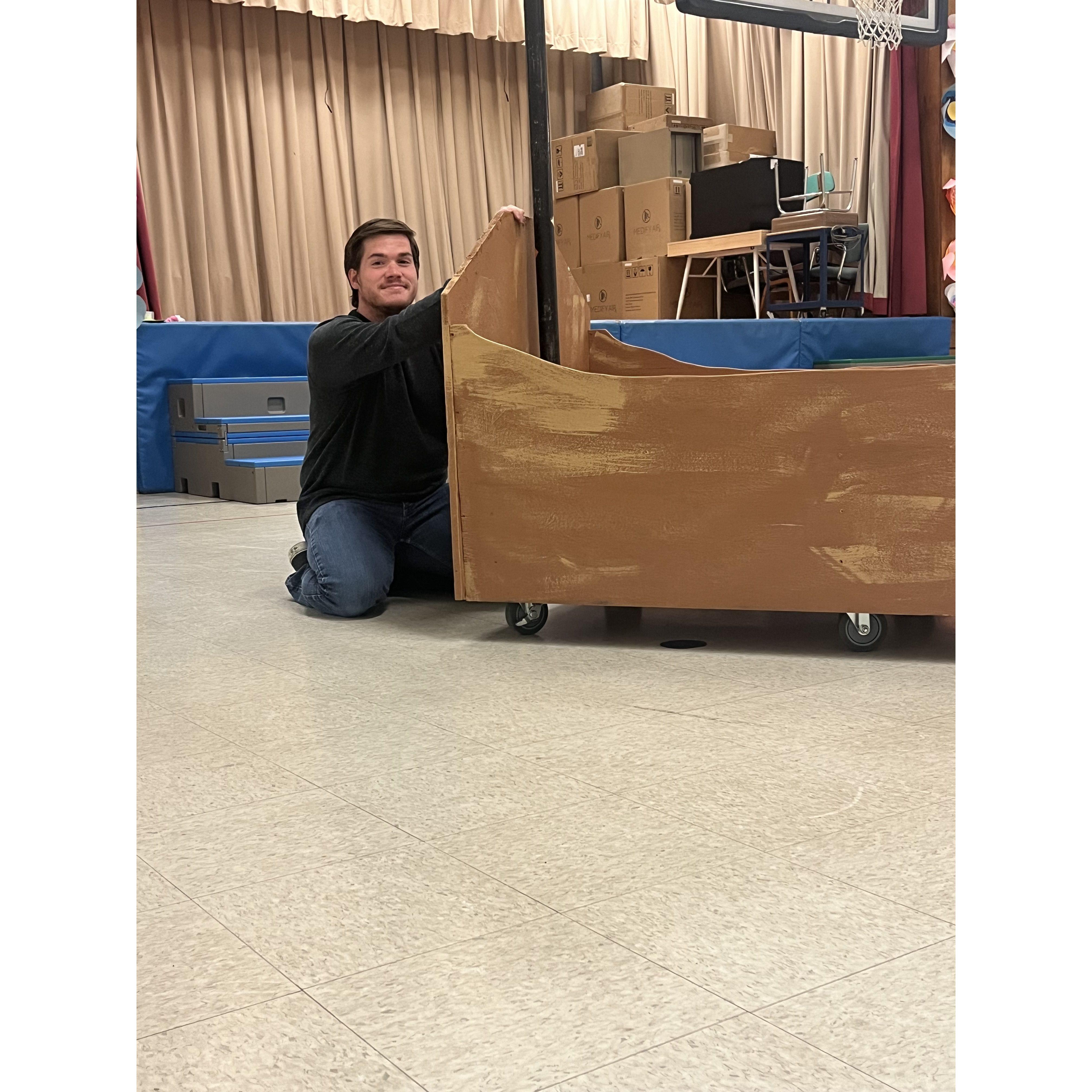 Nick helping out behind the scenes at Aimee's school play, Moana Jr. (2024)